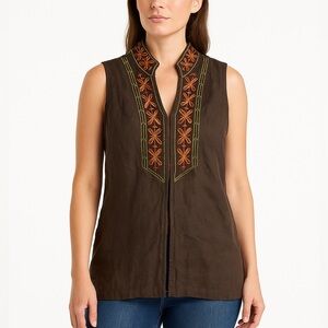Chico’s 100% Linen Bohemian Sleeveless Blouse Vest Floral Embroidered Brown Sz 1